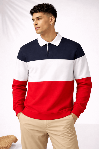 Full Sleeve Collar T-Shirt Black  White & Red