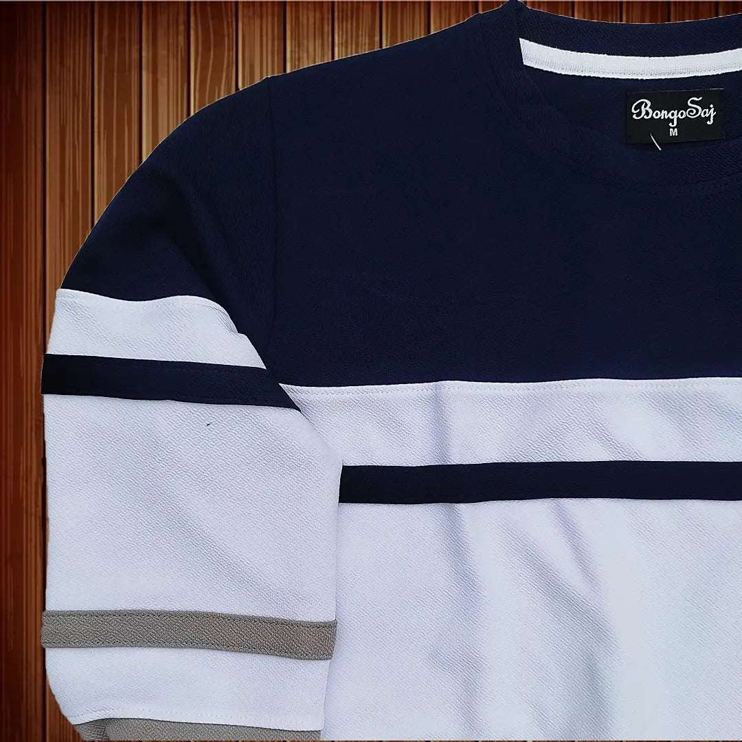 Full Sleeve T-Shirt Navy White & Steel Grey 2-Stripe