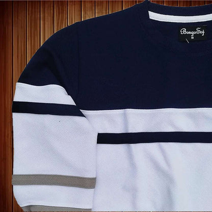 Full Sleeve T-Shirt Navy White & Steel Grey 2-Stripe