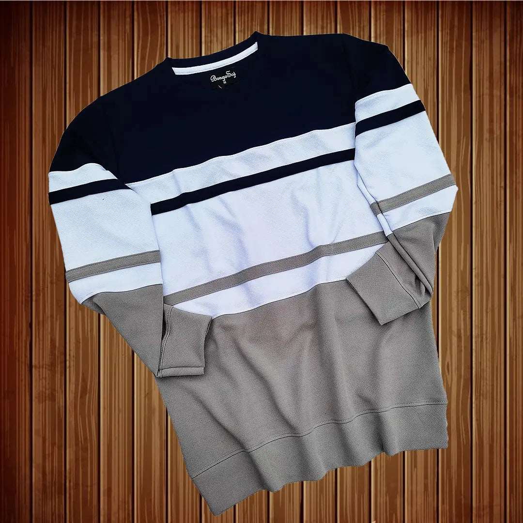 Full Sleeve T-Shirt Navy White & Steel Grey 2-Stripe