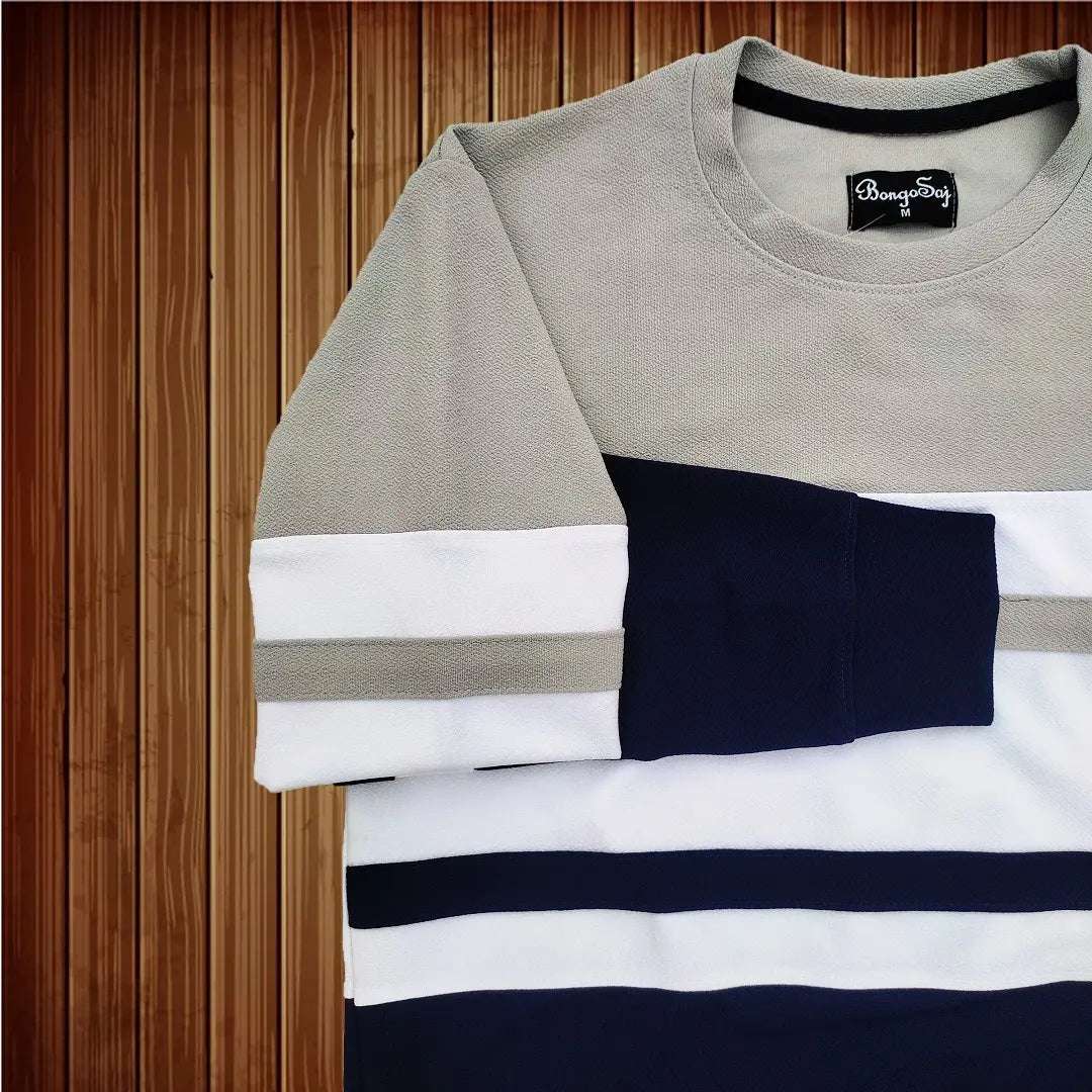 Full Sleeve T-Shirt Steel Grey White & Navy 2-Stripes
