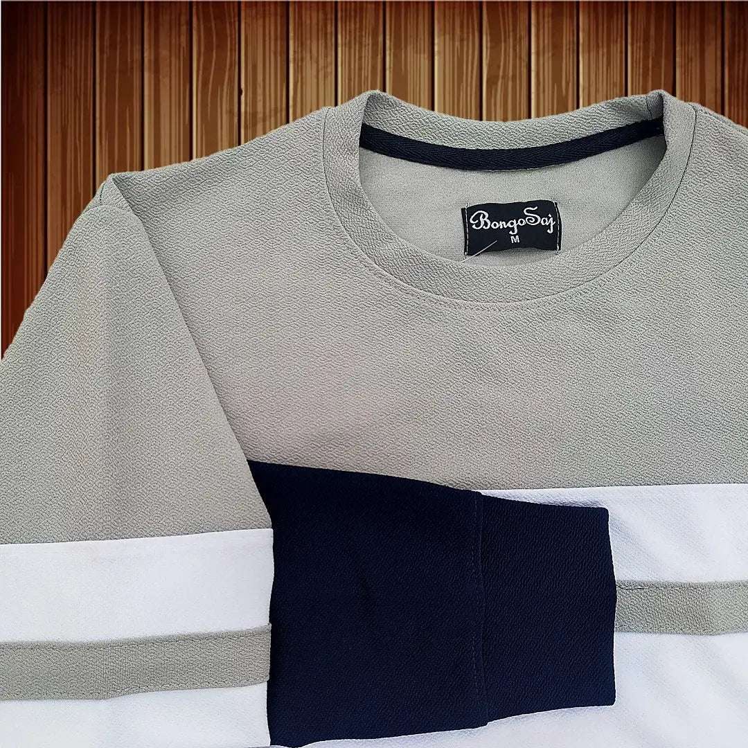 Full Sleeve T-Shirt Steel Grey White & Navy 2-Stripes