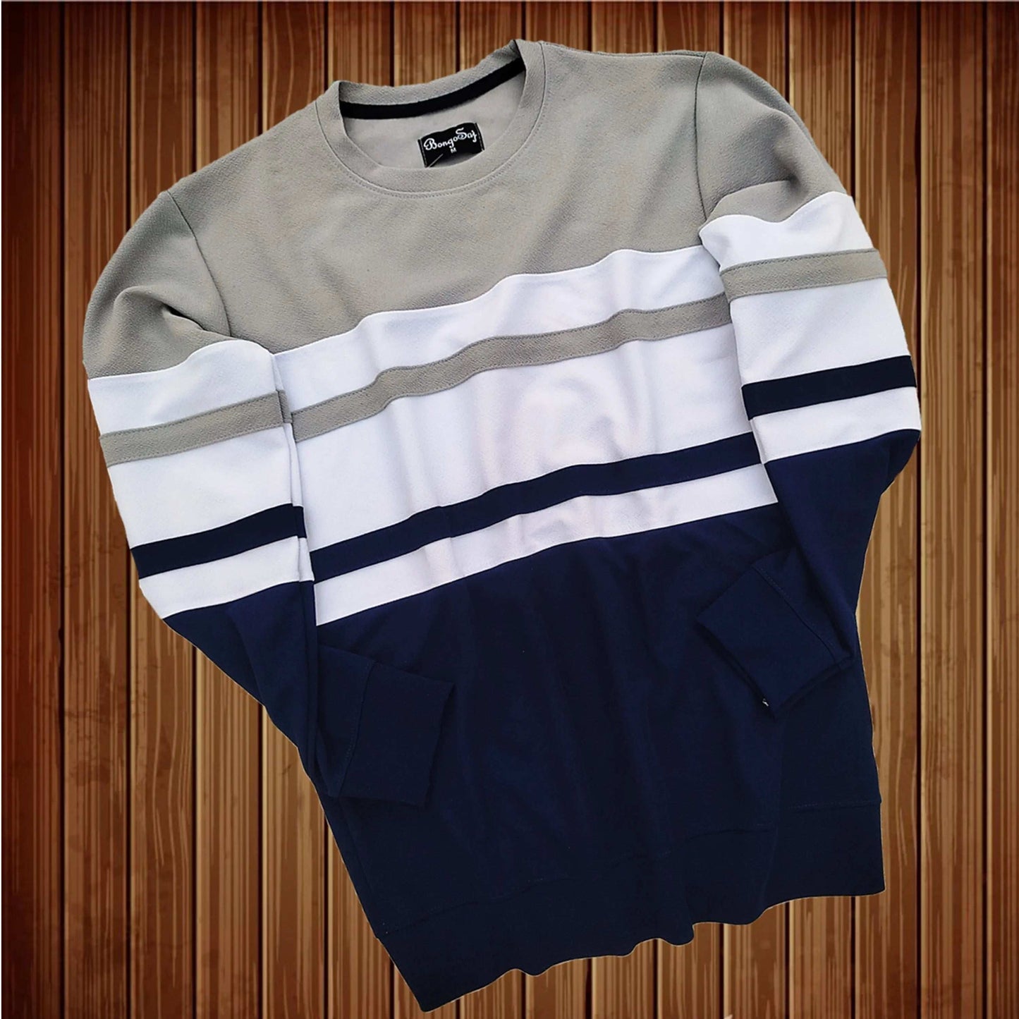 Full Sleeve T-Shirt Steel Grey White & Navy 2-Stripes