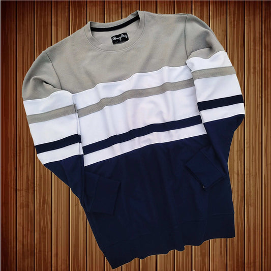 Full Sleeve T-Shirt Steel Grey White & Navy 2-Stripes