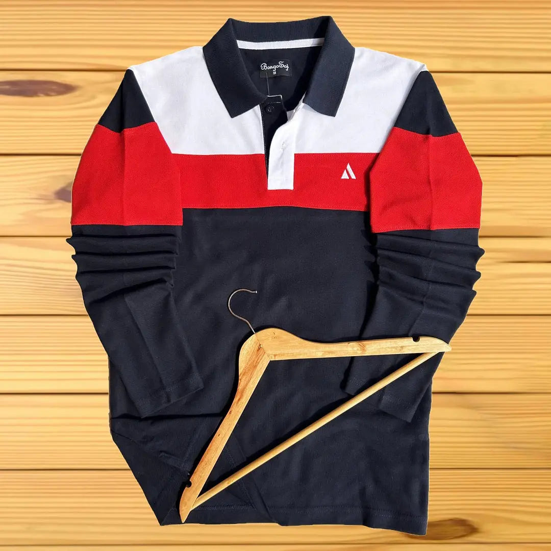Full Sleeves Polo T-Shirt White Red with Navy Blue