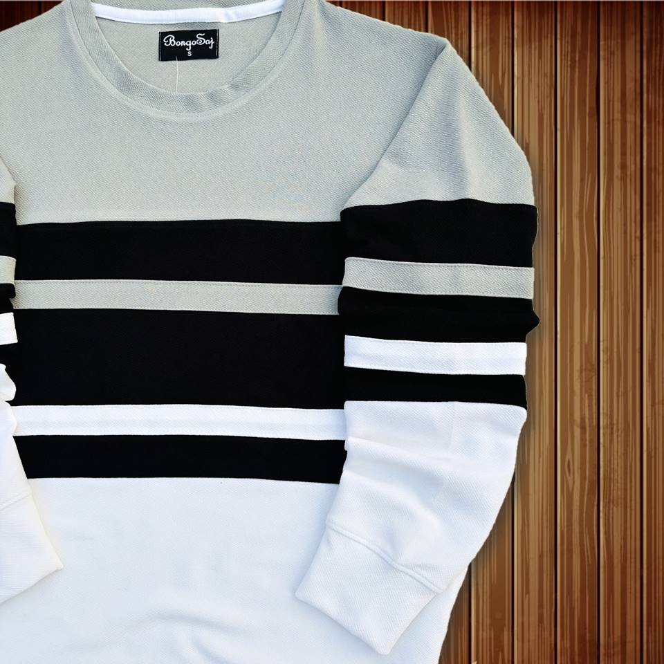 Full sleeve T-Shirt Grey White & Black 2-Stripes
