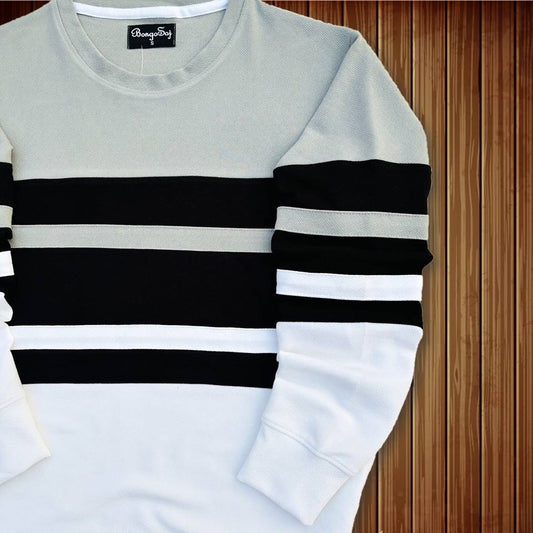 Full sleeve T-Shirt Grey White & Black 2-Stripes