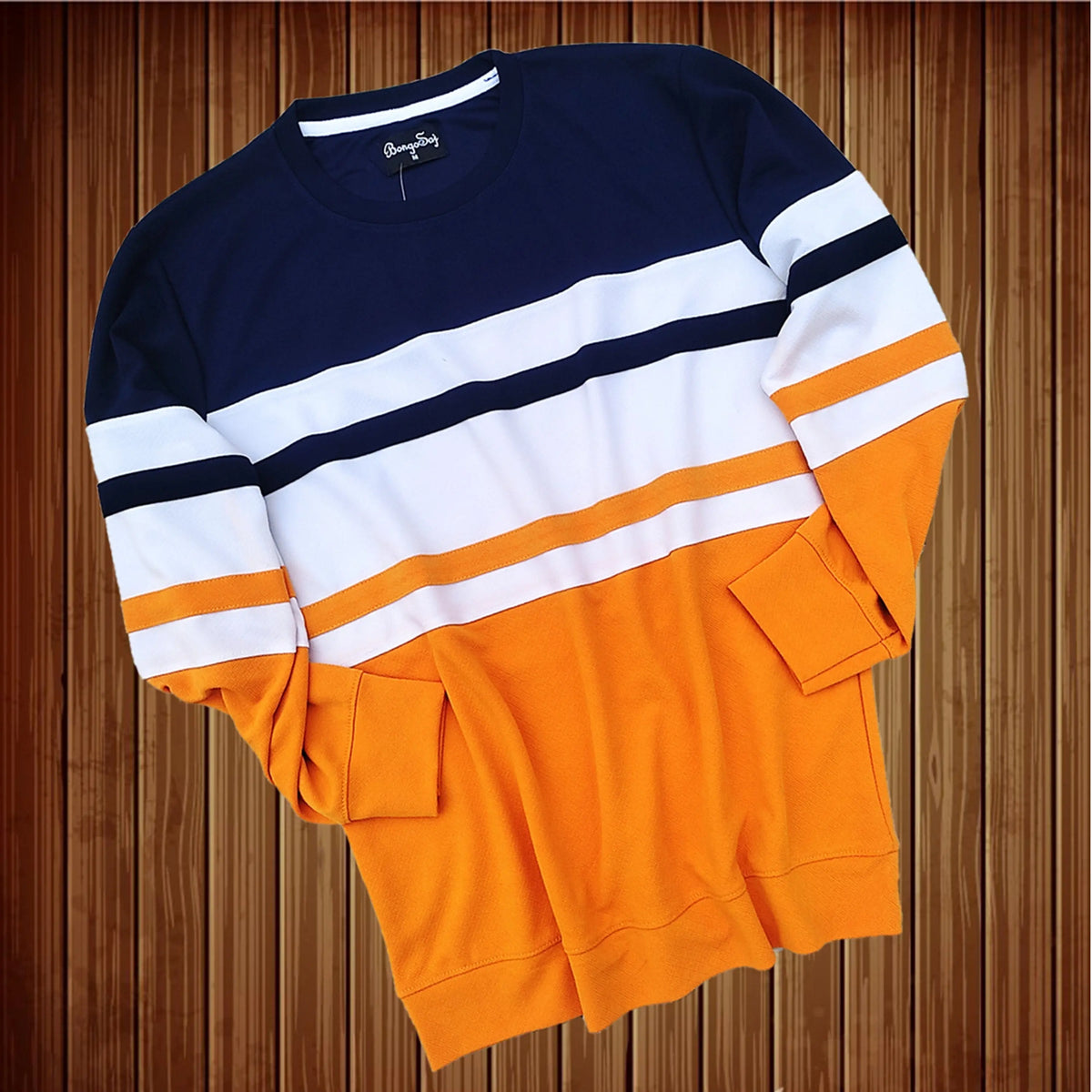 Full sleeve T-Shirt Navy White & Dark yellow with 2-Stripe