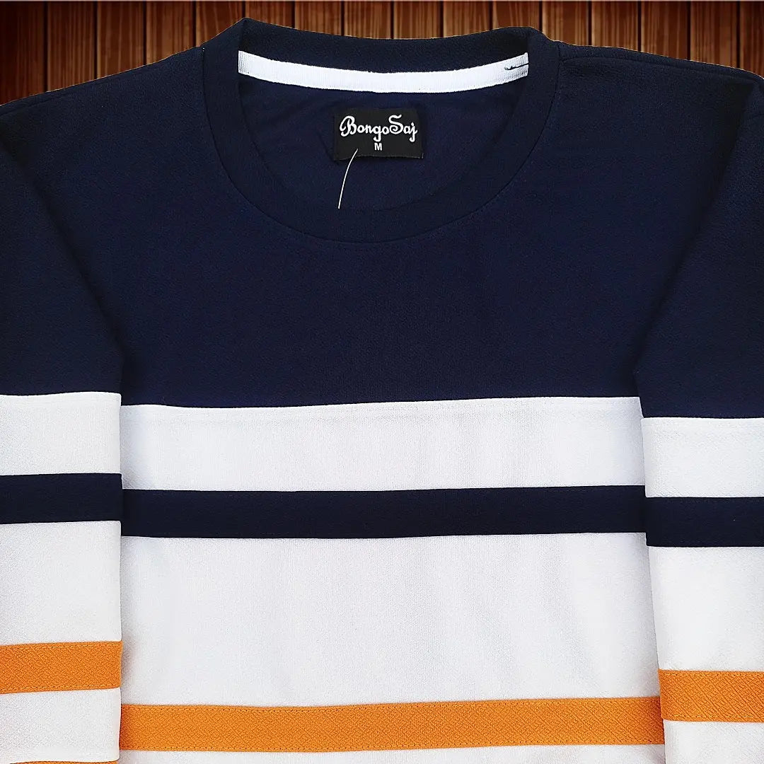 Full sleeve T-Shirt Navy White & Dark yellow with 2-Stripe