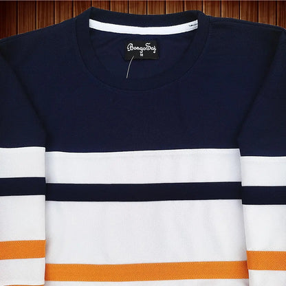 Full sleeve T-Shirt Navy White & Dark yellow with 2-Stripe