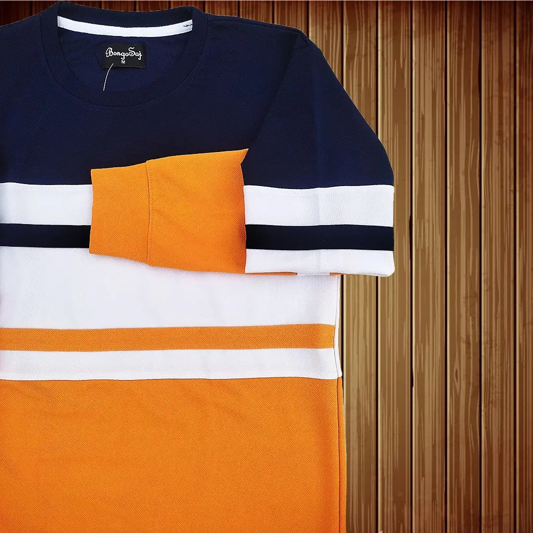 Full sleeve T-Shirt Navy White & Dark yellow with 2-Stripe