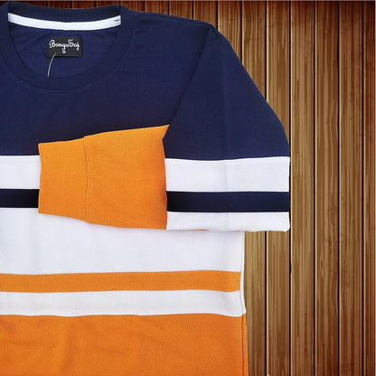 Full sleeve T-Shirt Navy White & Dark yellow with 2-Stripe