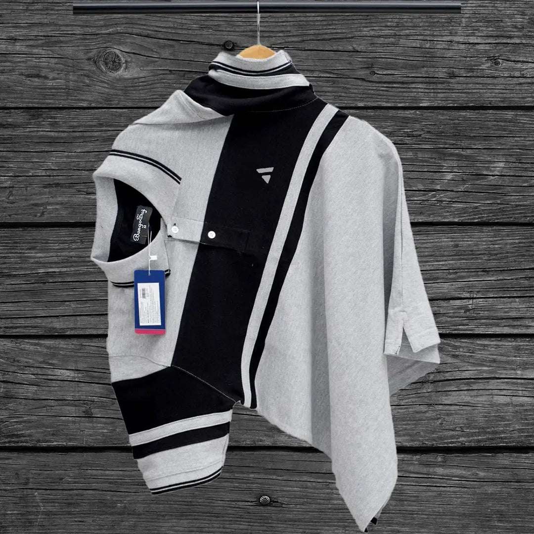Grey Melange Black with Grey Stripe Polo T-Shirt