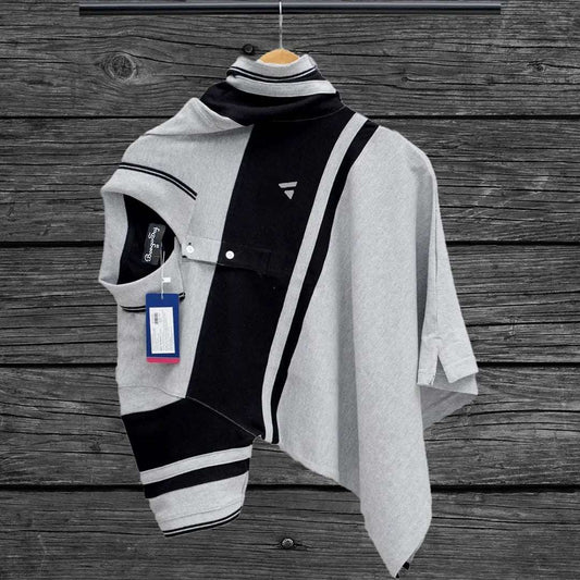 Grey Melange Black with Grey Stripe Polo T-Shirt