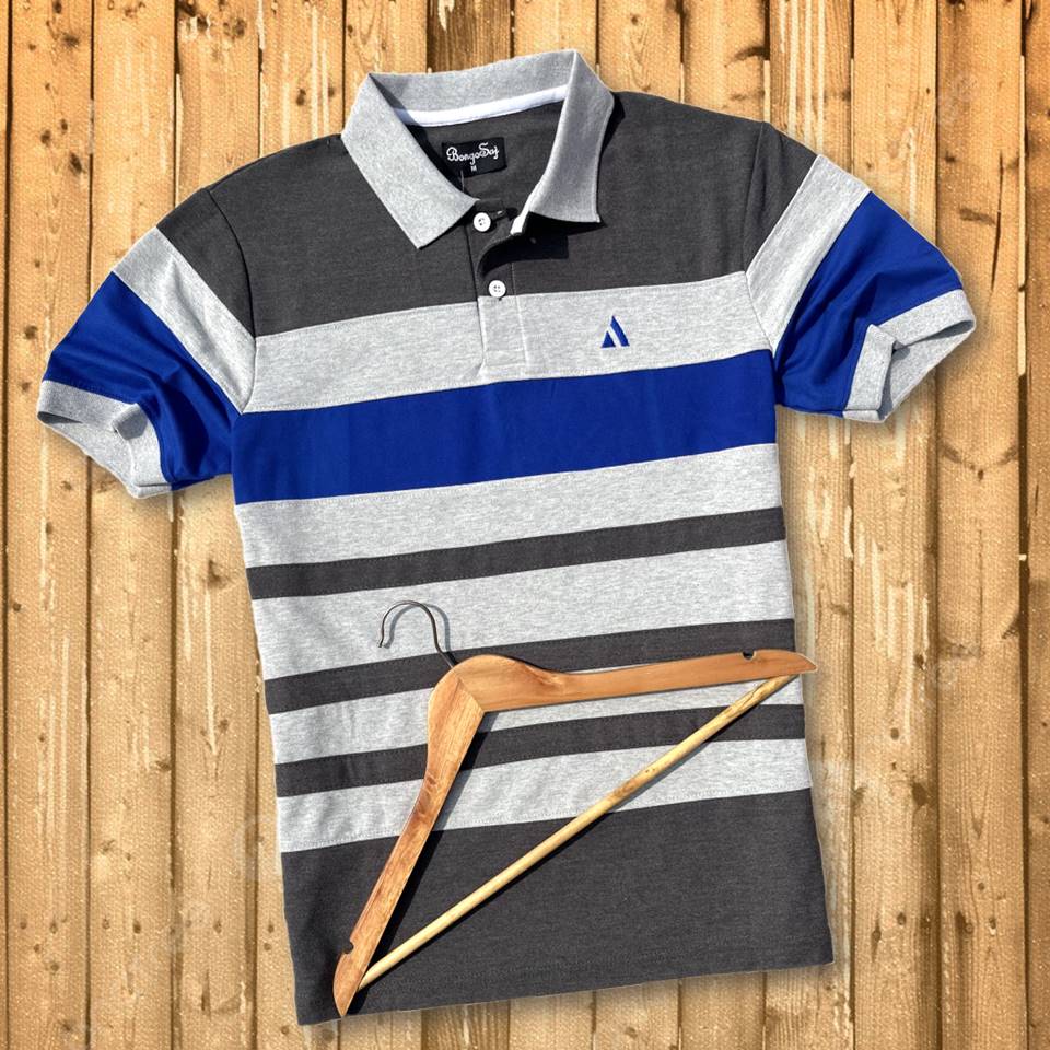 Grey Collar Polo T-Shirt Intense Grey with Blue 3 Stripes