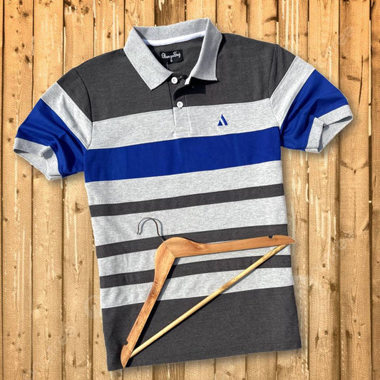 Grey Collar Polo T-Shirt Intense Grey with Blue 3 Stripes