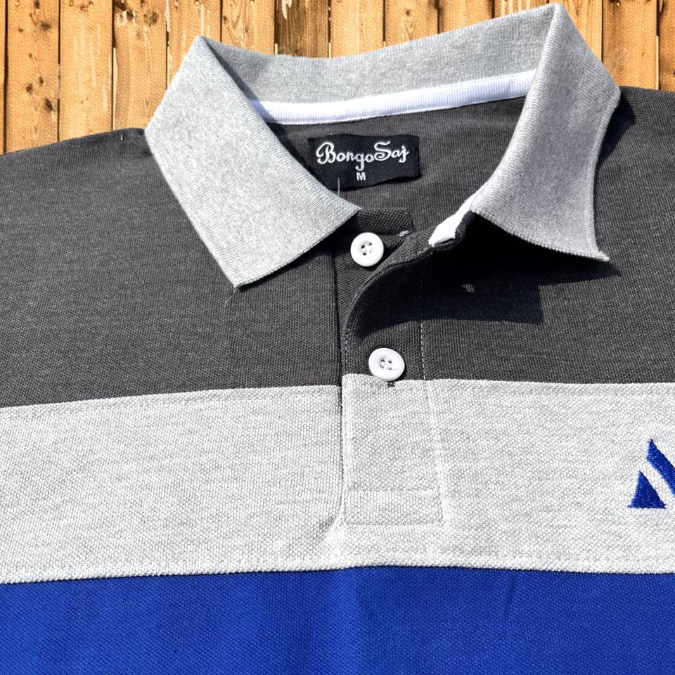 Grey Collar Polo T-Shirt Intense Grey with Blue 3 Stripes