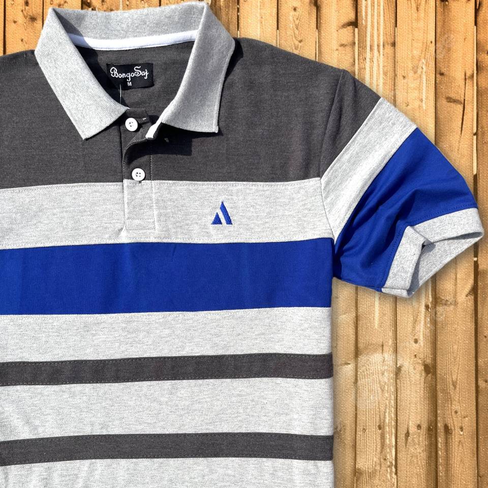 Grey Collar Polo T-Shirt Intense Grey with Blue 3 Stripes