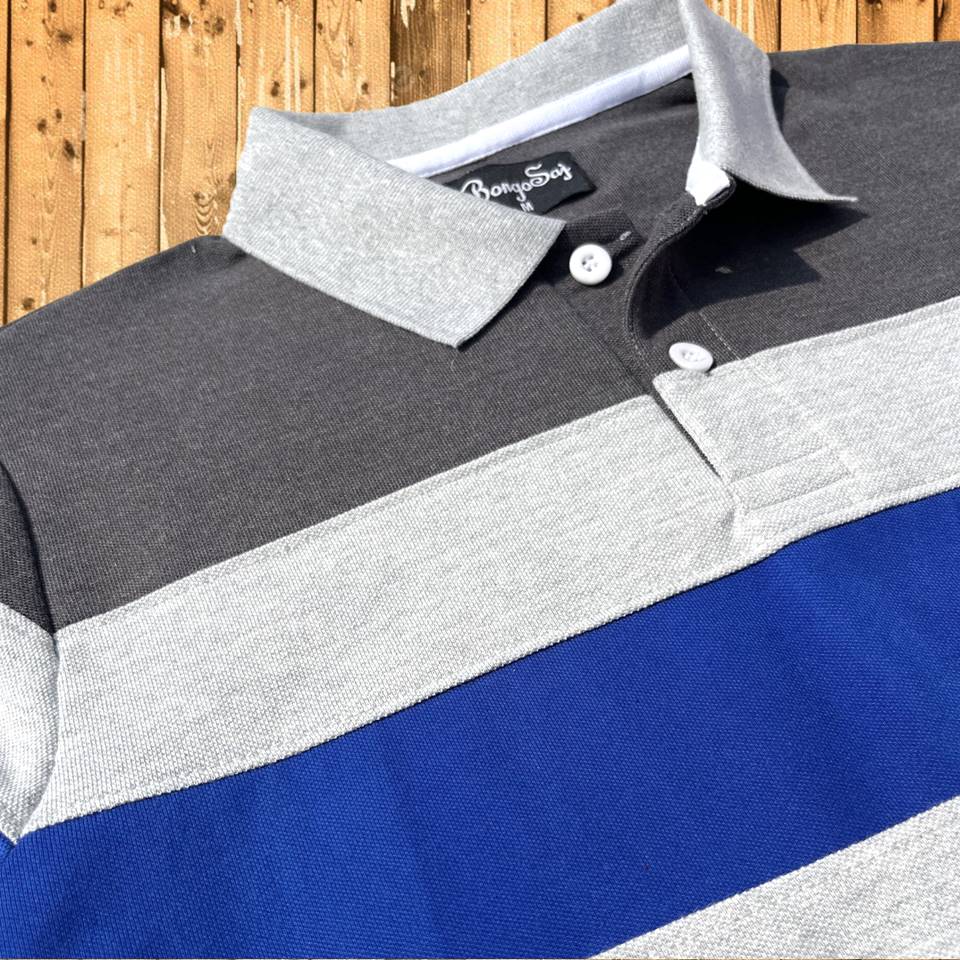 Grey Collar Polo T-Shirt Intense Grey with Blue 3 Stripes