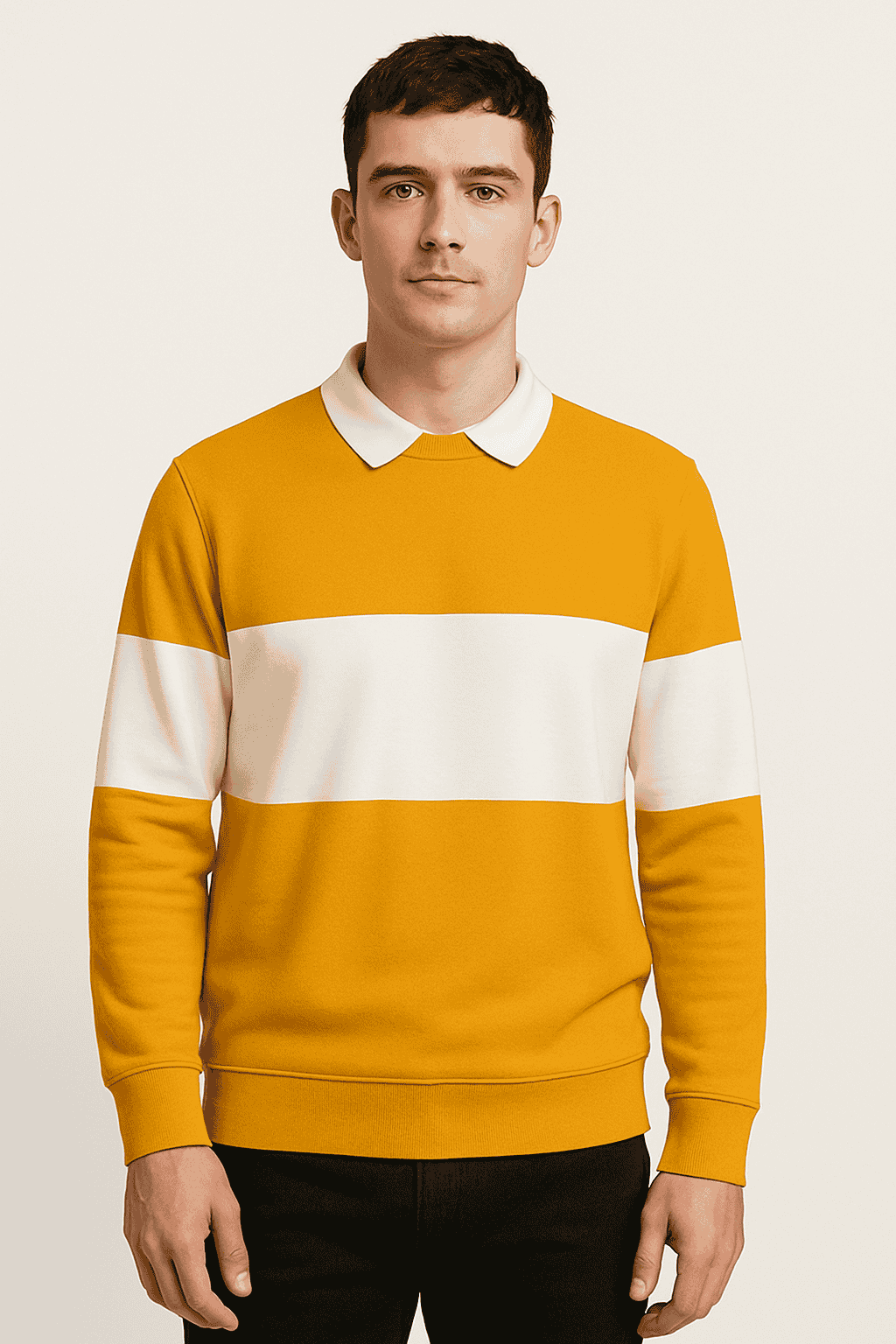 Men’s Mustard White Color-Block Lycra Full-Sleeve T-Shirt