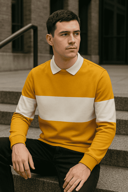Men’s Mustard White Color-Block Lycra Full-Sleeve T-Shirt