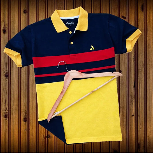 Navy Blue Polo T-Shirt with Red & Golden Yellow Stripes