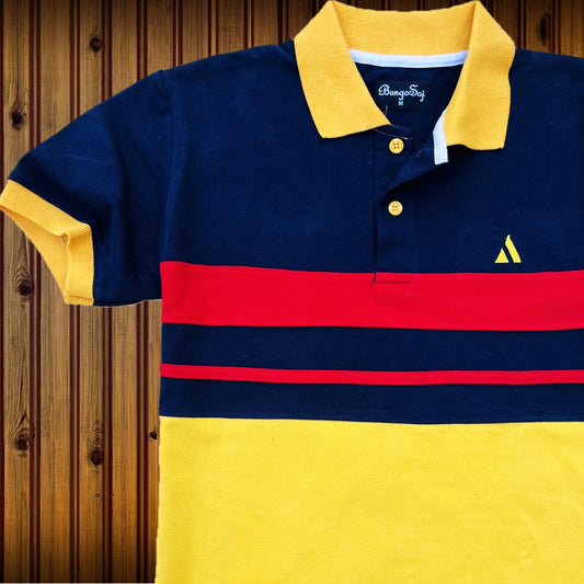 Navy Blue Polo T-Shirt with Red & Golden Yellow Stripes
