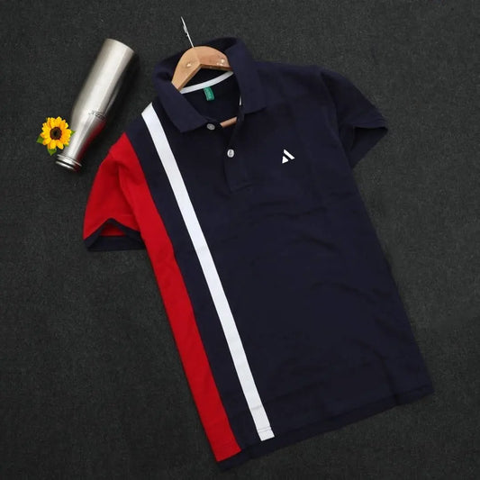 Navy & Red Polo T-Shirt with White Vertical Stripe