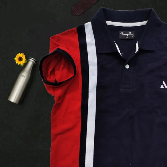 Navy & Red Polo T-Shirt with White Vertical Stripe