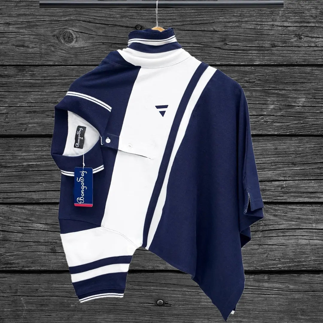 Navy White with Navy Stripe Polo T-Shirt Hosiery Cotton