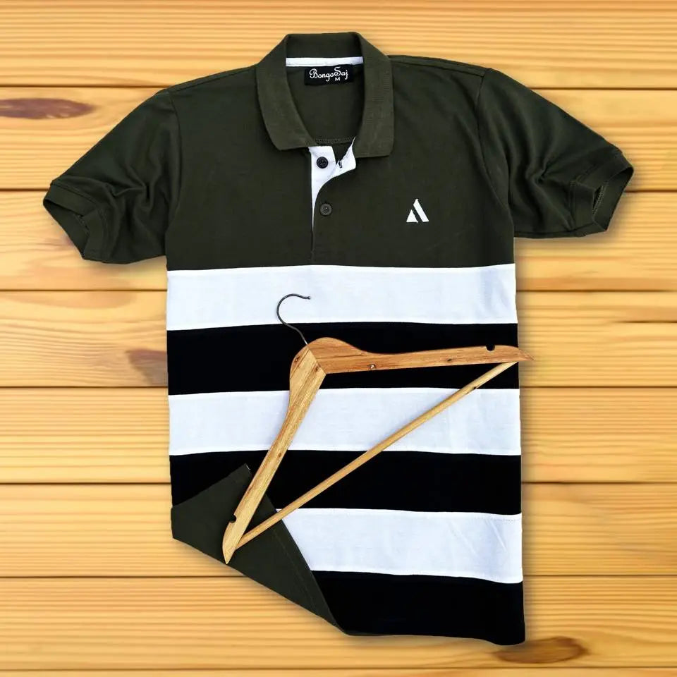 Olive Green Polo T-Shirt White & Black Design