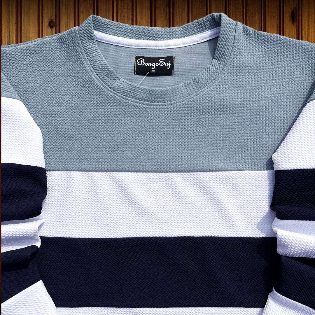 Popcorn Full Sleeve T-Shirt Grey Navy Blue and White