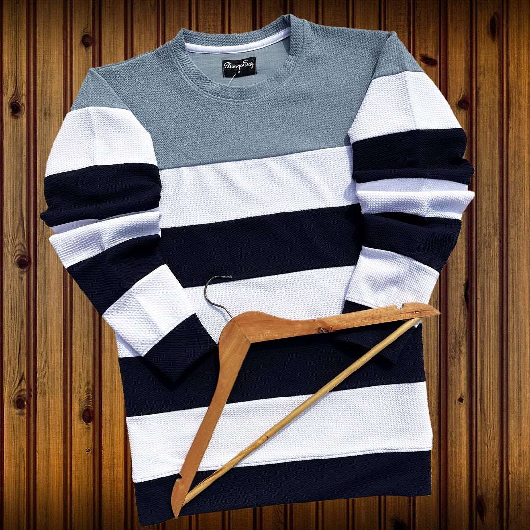 Popcorn Full Sleeve T-Shirt Grey Navy Blue and White