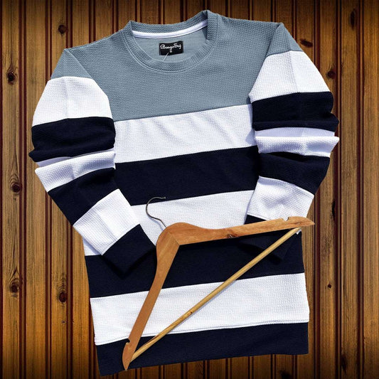 Popcorn Full Sleeve T-Shirt Grey Navy Blue and White