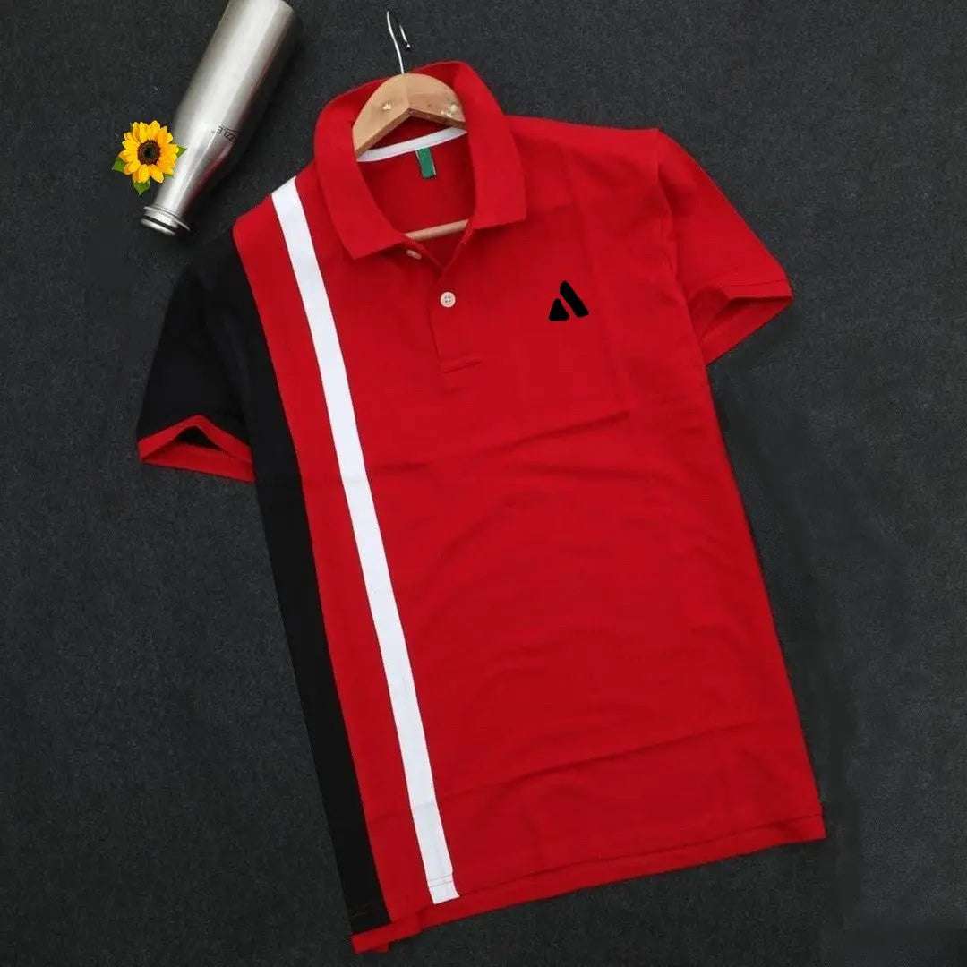 Red Black with white vertical stripe Polo T-Shirt