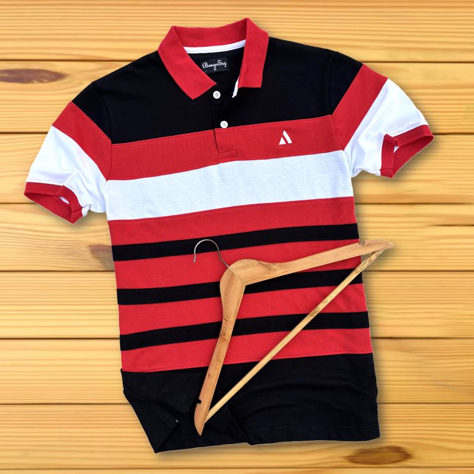 Red Collar Polo T-Shirt Black with White 3 Stripes