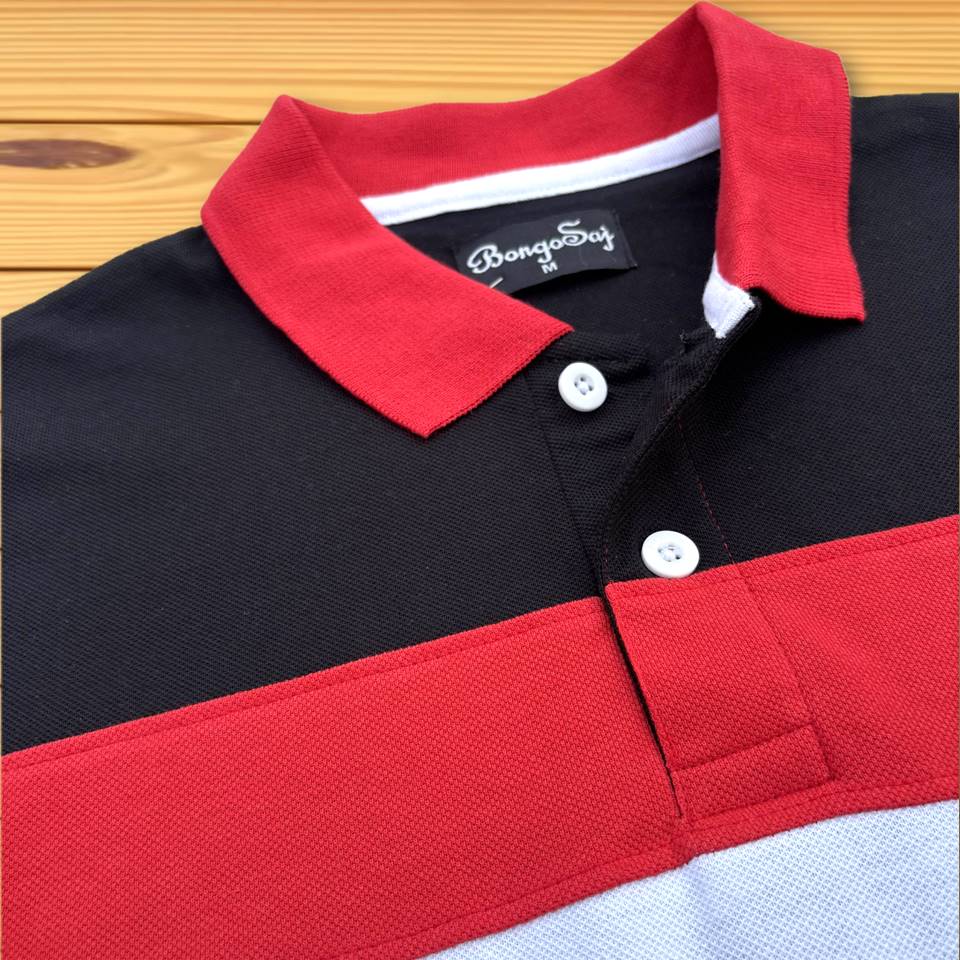 Red Collar Polo T-Shirt Black with White 3 Stripes