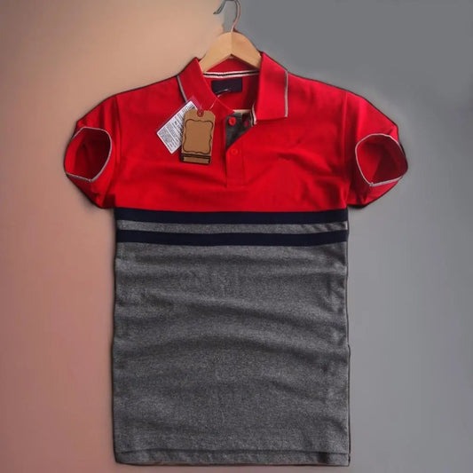 Red Melange Polo T-Shirt with Black Stripe