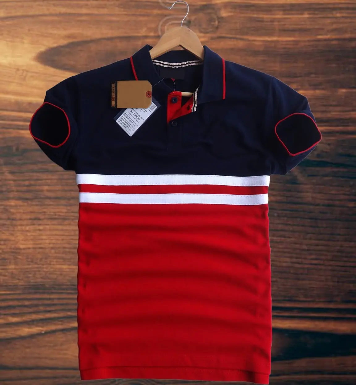 Red navy blue white stripe Polo T-Shirt