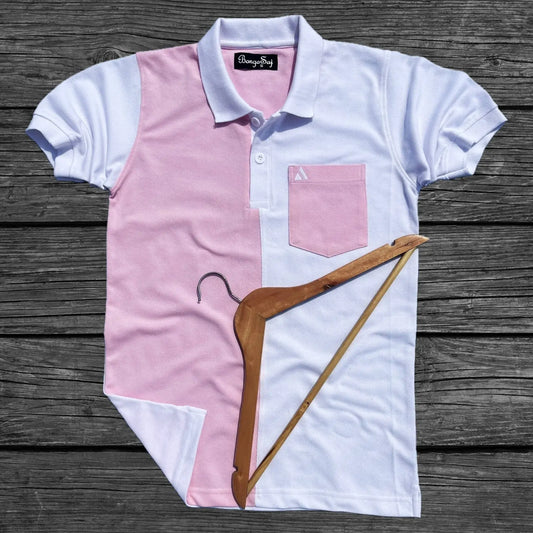  Rose Pink & White Polo T-Shirt with Pocket Airtex