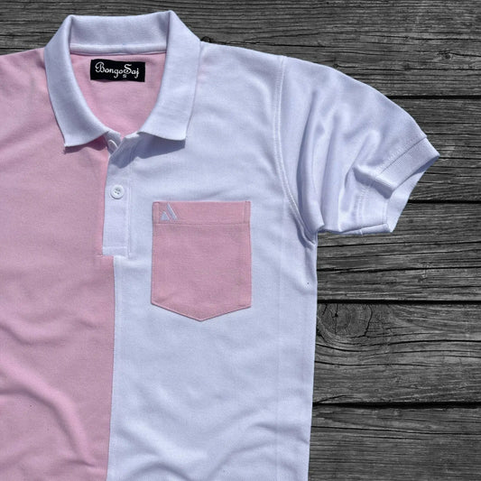  Rose Pink & White Polo T-Shirt with Pocket Airtex