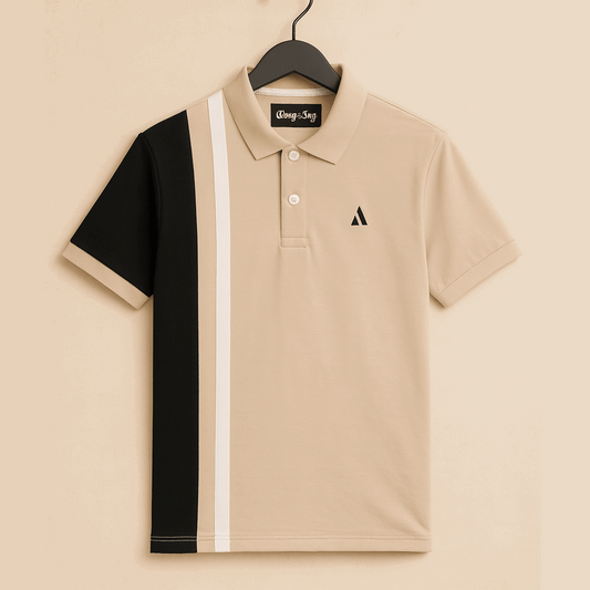 Beige & Black Colorblock Polo T-Shirt with White Stripe