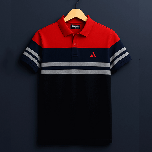 Crimson Red & Black Navy Polo T-Shirt with Melange Pattern