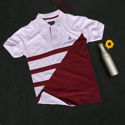 White & Maroon 3-Stripe Polo T-Shirt