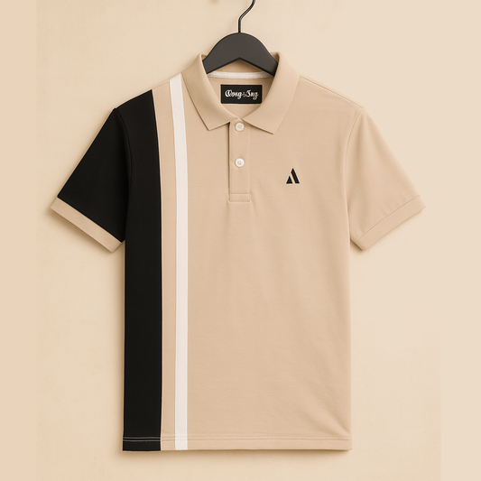 Beige & Black Colorblock Polo T-Shirt with White Stripe