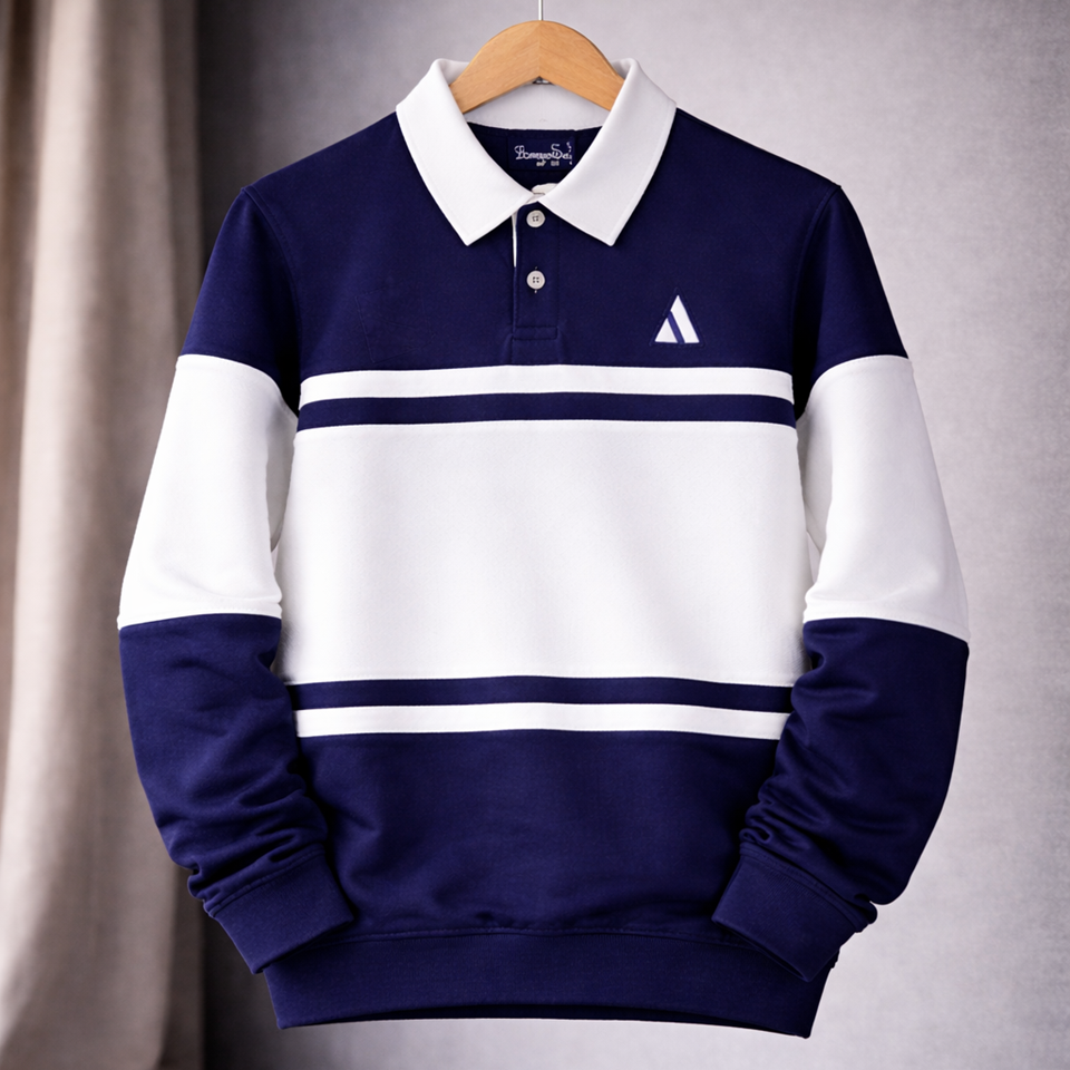 Full sleeve Collar T-Shirt Navy Blue & White 2-Stripes