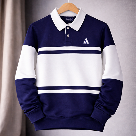 Full sleeve Collar T-Shirt Navy Blue & White 2-Stripes