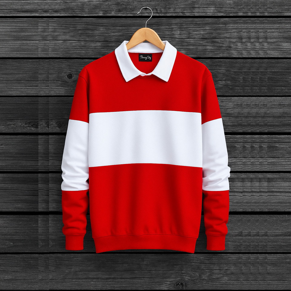 Full Sleeve Collar T-Shirt Red with White
