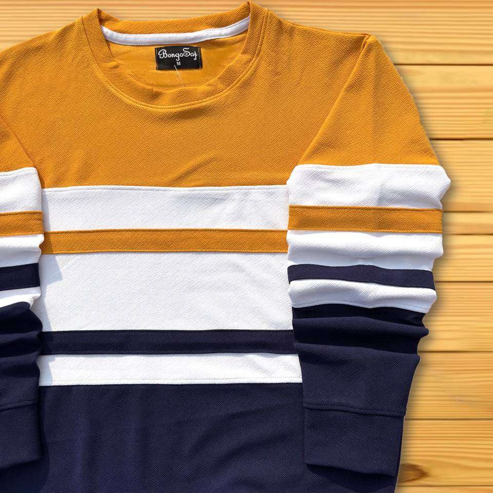 Full sleeve T-Shirt Yellow White and navy 2-Stripes