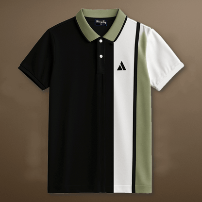 Black Polo T-Shirt Pastel Green & White Vertical Stripes